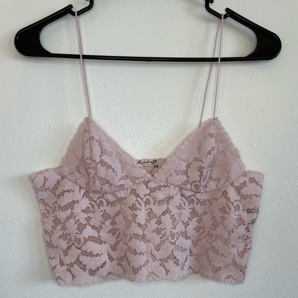 Free People XS Pink Brami Longline Lace Bralette Cami Crop Tank Top Thin Strap